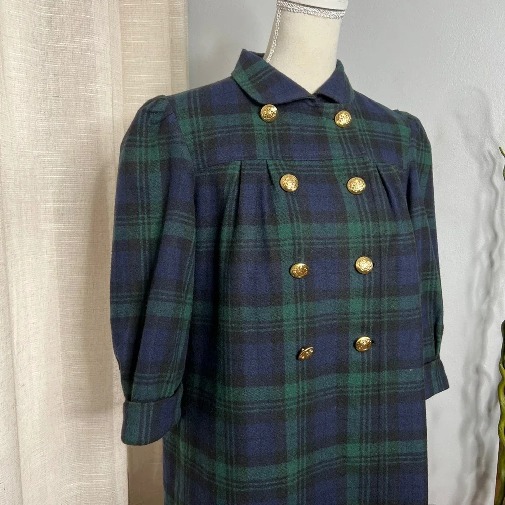 Y2K Vintage Betsey Johnson Plaid Wool Jacket 3/4 Sleeves Green USA Women's 6‎